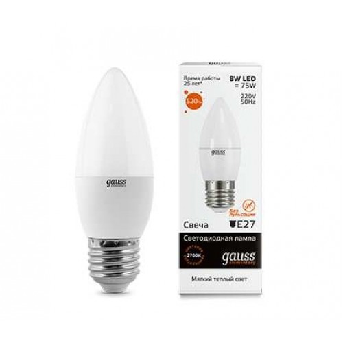 Лампа светодиодная LED свеча 8W E27 3000К Gauss Elem.