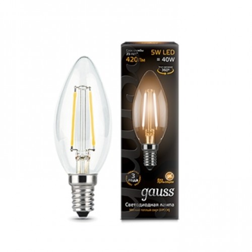 Лампа светодиодная свеча 5W E14 2700K Gauss Filament
