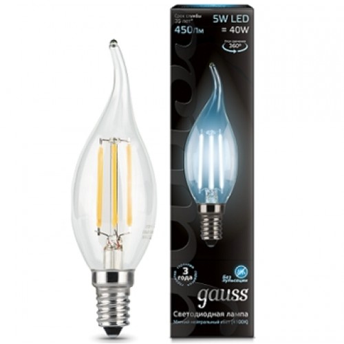 Лампа светодиодная свеча на ветру 5W E14 4100K Gauss Filament
