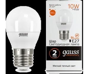 Лампа светодиодная LED шар 10W E27 3000К Gauss Elem.