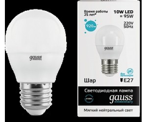 Лампа светодиодная LED шар 10W E27 4100К Gauss Elem.